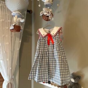 Blue and White Checkered Kids Casual Dress with Red Accents
